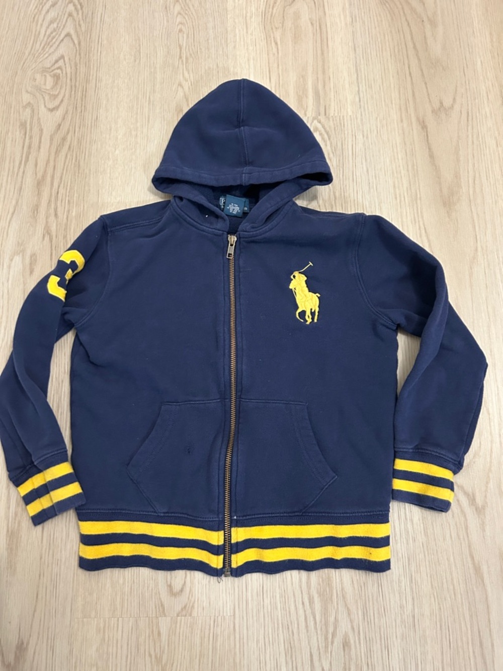 Kids Y2K Ralph Lauren Polo Hoodie Navy with Yellow Polo Horse & Stripe Accents